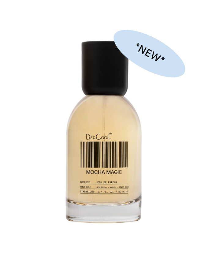A bottle of DedCooL Mocha Magic Eau de Parfum with a black cap and a light blue '*NEW*' sticker overlay, shown on a plain white background.