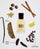 A perfume bottle labeled 'DedCool Mocha Magic' centered on a light gray background, surrounded by ingredient illustrations and labels for mocha, biscotti, vanilla bean, tonka bean, and espresso beans.
